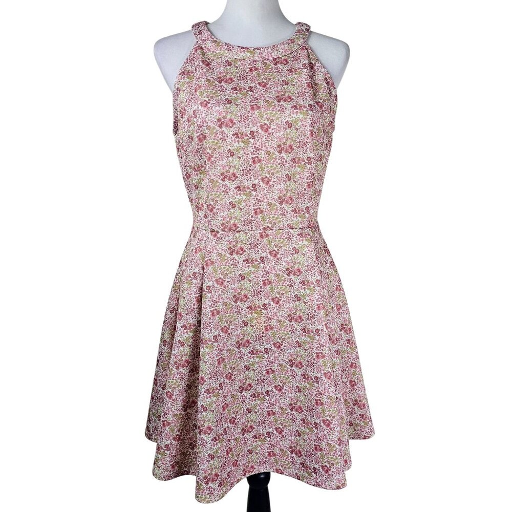 Copper Key Ditzy Floral Skater Dress L Pink Green Fit and Flare Knit Sundress